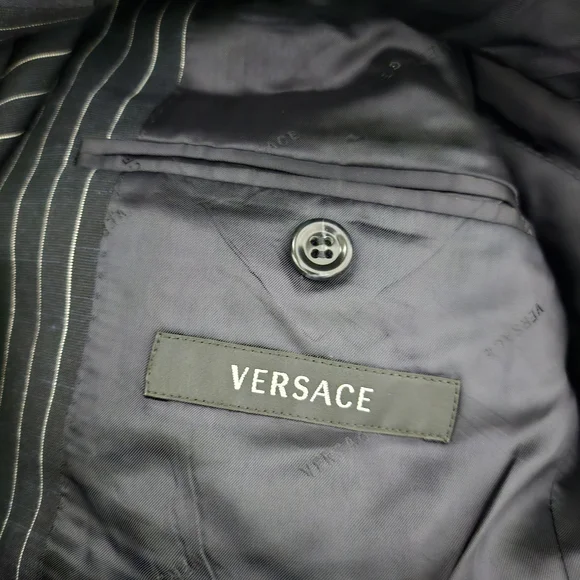 Versace Blazer Men 48R Dark Blue Classic Pinstripe Bamboo Single-Breasted Jacket